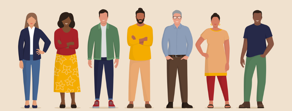 Happy diverse people standing together stock illustration
