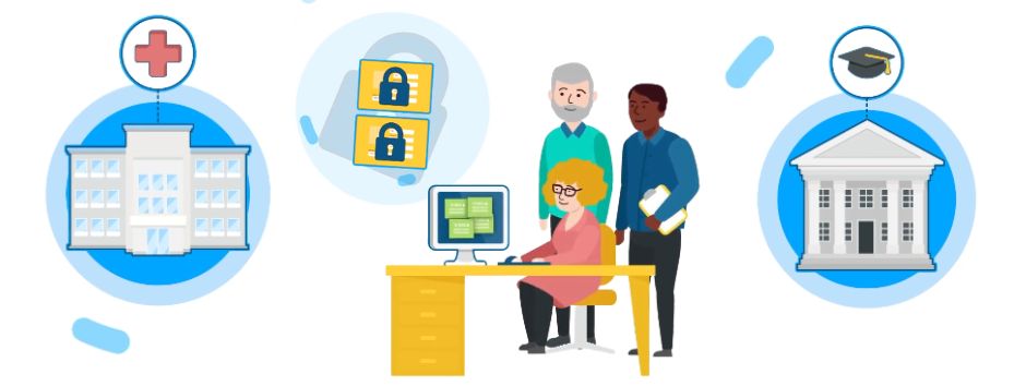 illustration of a school and hospital with concept of data linkage