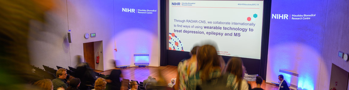 Shot of IoPPN lecture theatre during BRC Conference with people walking down steps