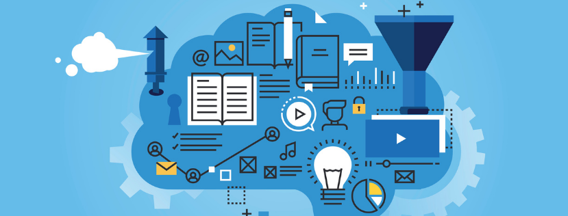 Illustraion of brain filled with icons such as lightbulbs, envelopes, charts and books