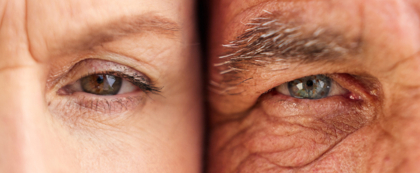 A young person and old person's faces side by side with close up of their eyes
