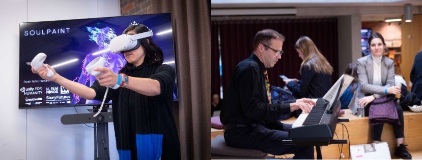 someone using a VR headset; man playing piano