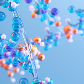 Colorful spheres represent molecules in a 3D model, interconnected by thin rods against a light blue background