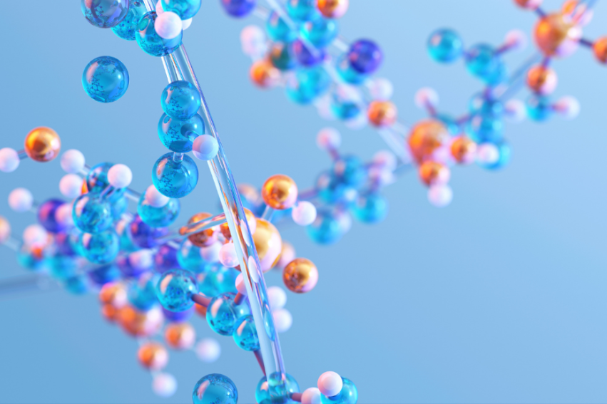 Colorful spheres represent molecules in a 3D model, interconnected by thin rods against a light blue background