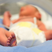 A newborn baby lies in an incubator, wrapped in a blue blanket