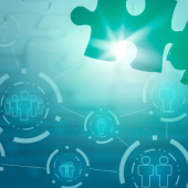Puzzle piece and glowing connections against a blue backdrop, with network icons of people