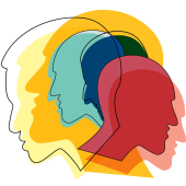 Overlapping colorful silhouettes of heads, each in a different hue—yellow, blue, red, and teal
