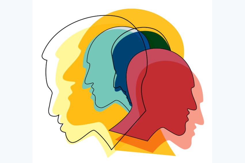 Overlapping colorful silhouettes of heads, each in a different hue—yellow, blue, red, and teal