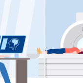 A cartoon where a patient lies on an MRI machine bed; a technician monitors brain scans on dual screens while a doctor with a clipboard stands nearby