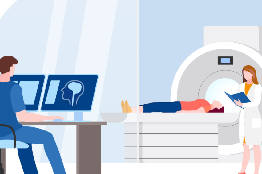 A cartoon where a patient lies on an MRI machine bed; a technician monitors brain scans on dual screens while a doctor with a clipboard stands nearby