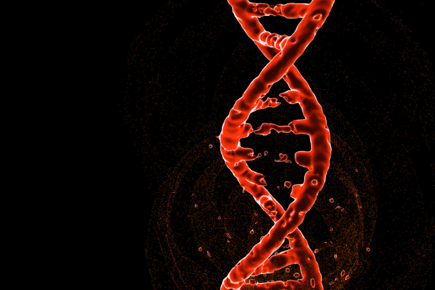 A broken red strand of DNA against a black background