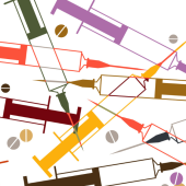 Abstract image with overlapping colorful syringes and pills in red, orange, green, purple, and brown.