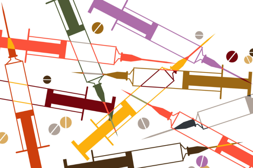 Abstract image with overlapping colorful syringes and pills in red, orange, green, purple, and brown.