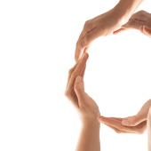 Diverse hands form a circle against a white background
