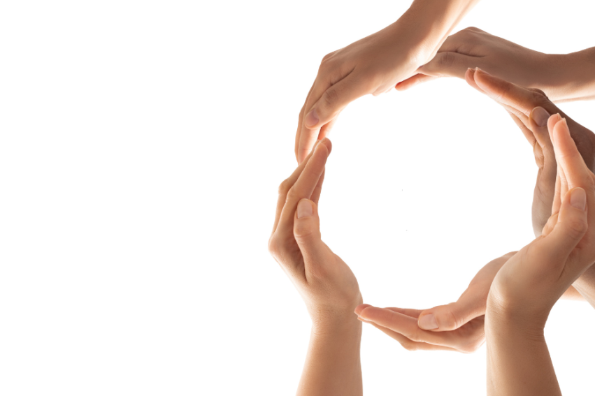 Diverse hands form a circle against a white background