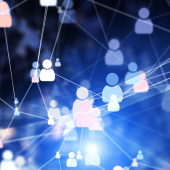 Digital illustration depicting a network of connected abstract human icons on a blue background