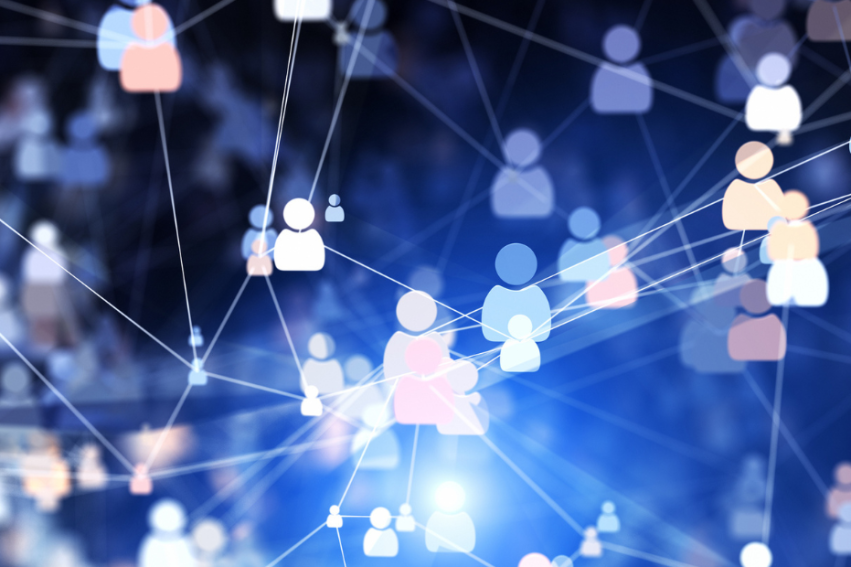Digital illustration depicting a network of connected abstract human icons on a blue background