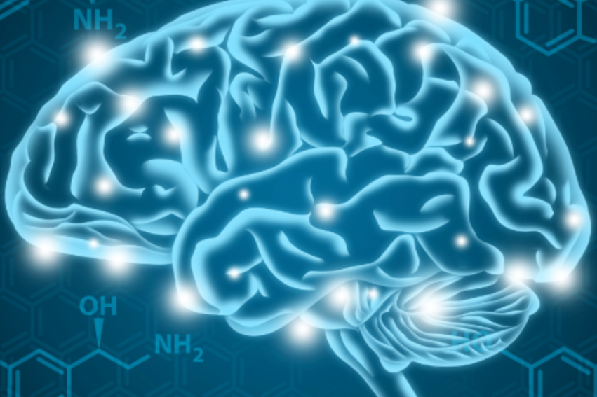 Glowing digital illustration of a human brain in blue, with neural pathways lit up