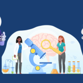 Illustration of diverse scientists examining a large microscope, with side scenes of doctor-patient discussion and brain research