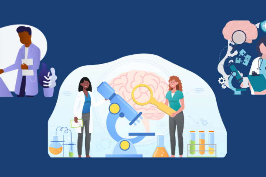 Illustration of diverse scientists examining a large microscope, with side scenes of doctor-patient discussion and brain research