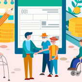 Illustration showing diverse people interacting, with a backdrop of financial elements like coins and a document