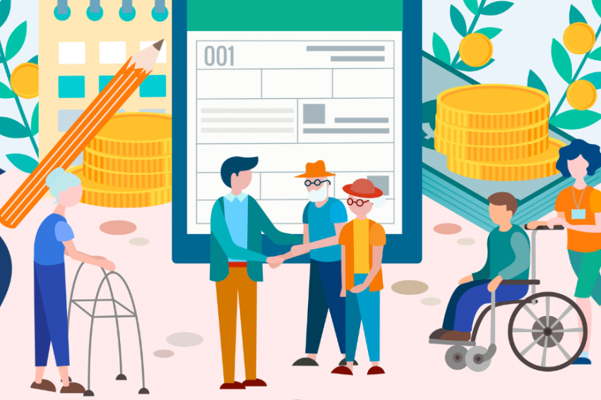 Illustration showing diverse people interacting, with a backdrop of financial elements like coins and a document