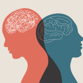 Two human profiles overlap; the red profile has a tangled brain, and the blue one has a detailed brain illustration