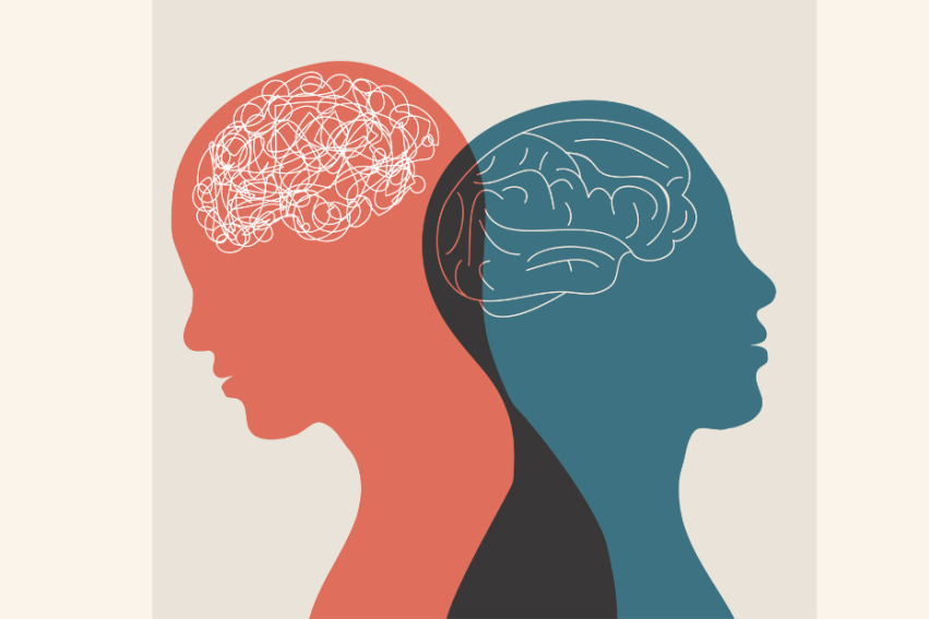 Two human profiles overlap; the red profile has a tangled brain, and the blue one has a detailed brain illustration