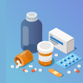 Illustration of various medications on a gradient blue background, including pill bottles, tablets, a box, and a bandage