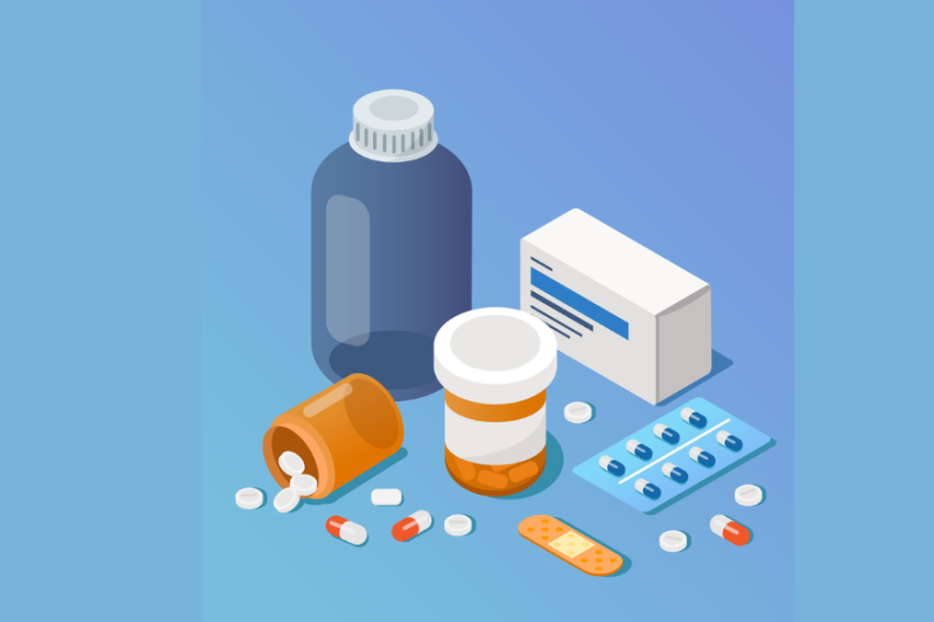 Illustration of various medications on a gradient blue background, including pill bottles, tablets, a box, and a bandage