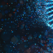 Abstract image of a glowing blue DNA double helix on a dark background with scattered multicolored particles
