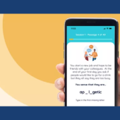 A hand holds a smartphone displaying a word puzzle app