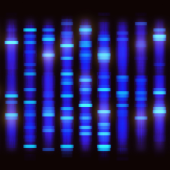 Abstract image of DNA sequencing with vertical blue and cyan bands on a black background