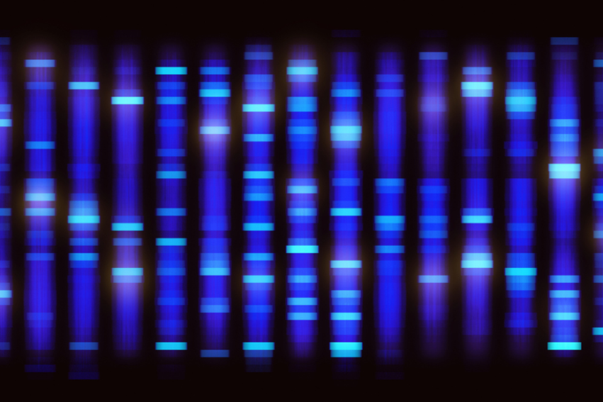 Abstract image of DNA sequencing with vertical blue and cyan bands on a black background