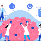 Illustration of diverse scientists working around a large brain model, analyzing data, discussing ideas, and pointing to chart