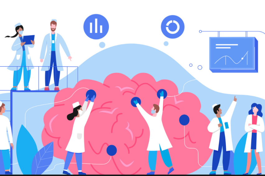 Illustration of diverse scientists working around a large brain model, analyzing data, discussing ideas, and pointing to chart