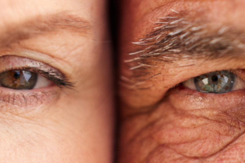 Close-up of an older couple's eyes side by side, showing wrinkles and different eye colors