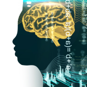 Silhouette of a head with a glowing brain, overlaid with digital data