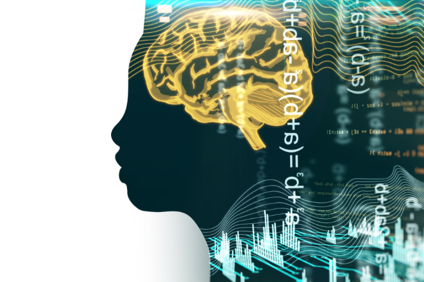 Silhouette of a head with a glowing brain, overlaid with digital data