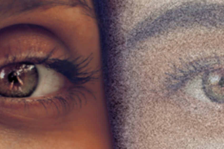 Close-up of a human eye on the left with detailed iris reflection, juxtaposed with a sketch-like rendition of an eye on the right