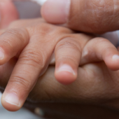 A close-up of an adult hand gently holding a baby's tiny hand