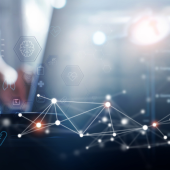 A futuristic interface overlaid with digital graphics, including a human figure, network lines, and health symbols