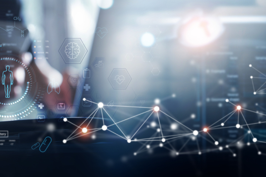 A futuristic interface overlaid with digital graphics, including a human figure, network lines, and health symbols