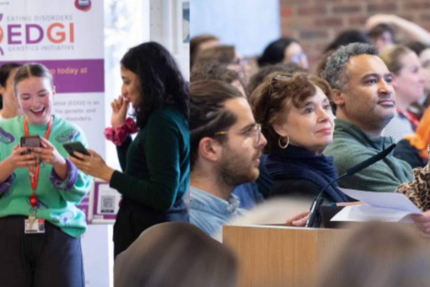 A diverse group gathers at an EDGI event. On the left, two smiling women in branded shirts engage with a smartphone. On the right, attendees listen attentively as a woman speaks at a podium.