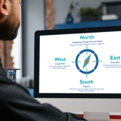 A man sits at a desk, viewing a monitor displaying a compass diagram with directions labeled: North, South, East, and West, each with descriptive text