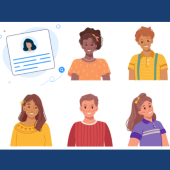 A group of diverse cartoon people on a navy blue background