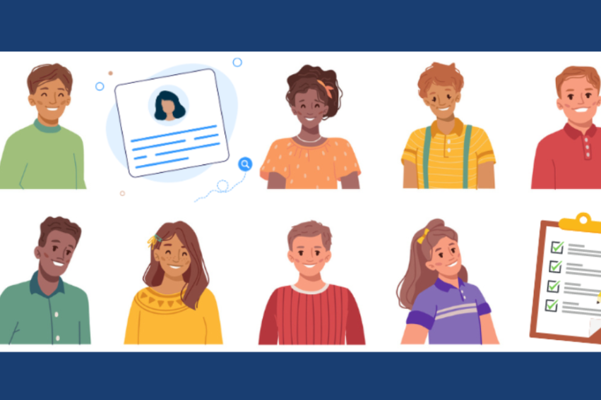 A group of diverse cartoon people on a navy blue background