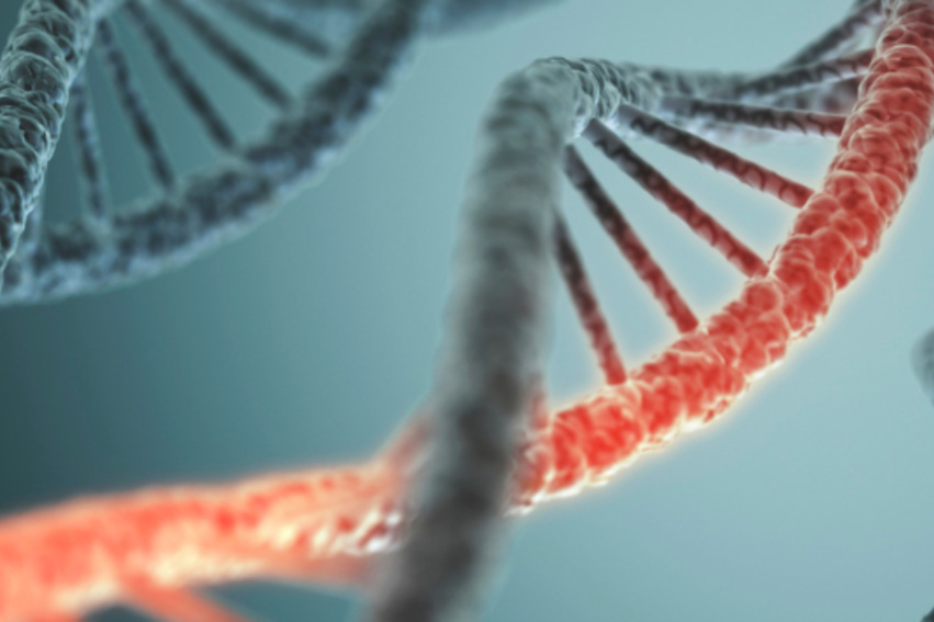 Close-up of DNA strands, with one highlighted in red against a blurred blue background