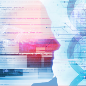 Silhouette of a human head filled with computer code, facing a blue DNA strand and hexagonal patterns