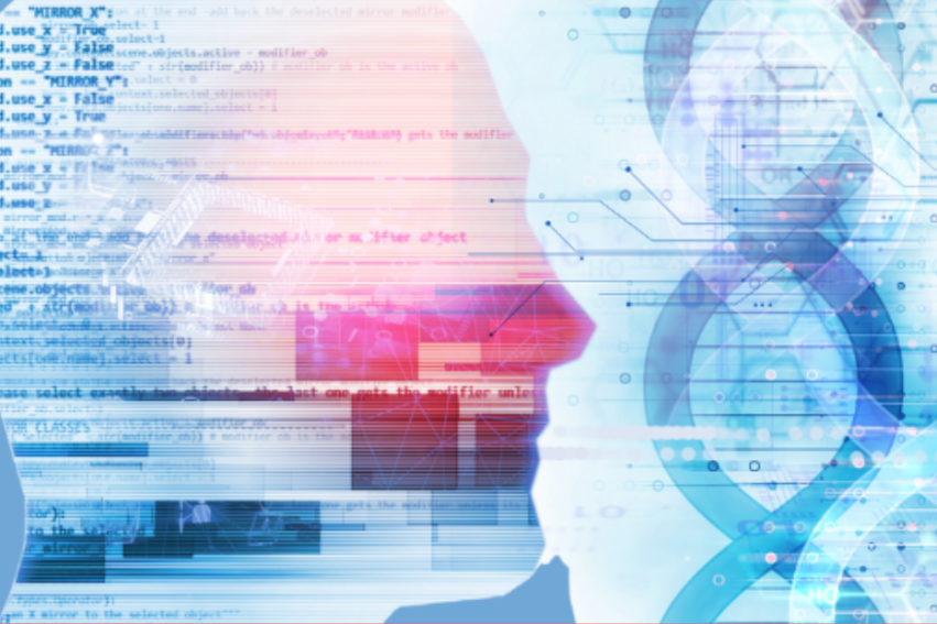 Silhouette of a human head filled with computer code, facing a blue DNA strand and hexagonal patterns